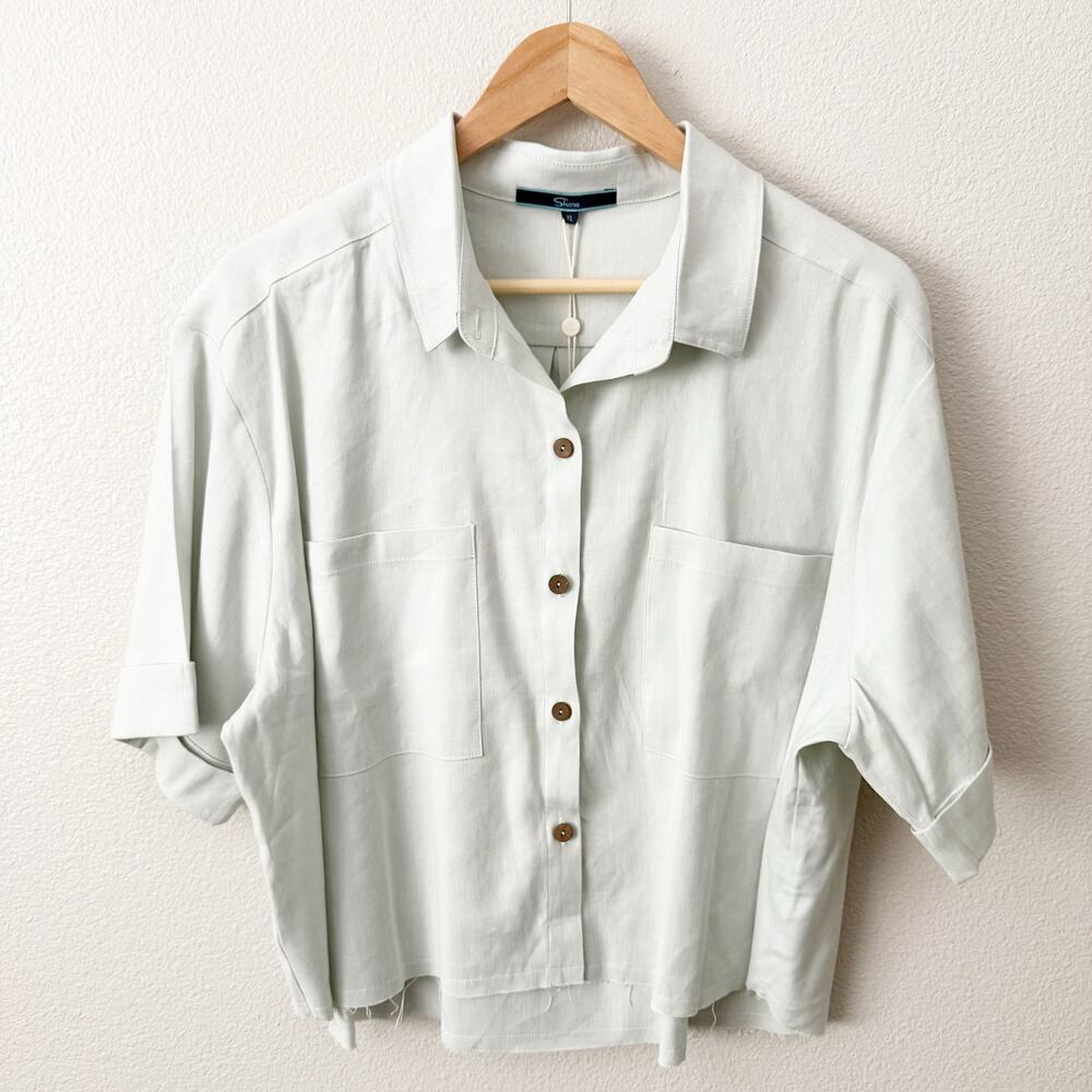 SHORE x NORDSTROM | Light Green Collared Short Sleeve Button Linen Blend | XL